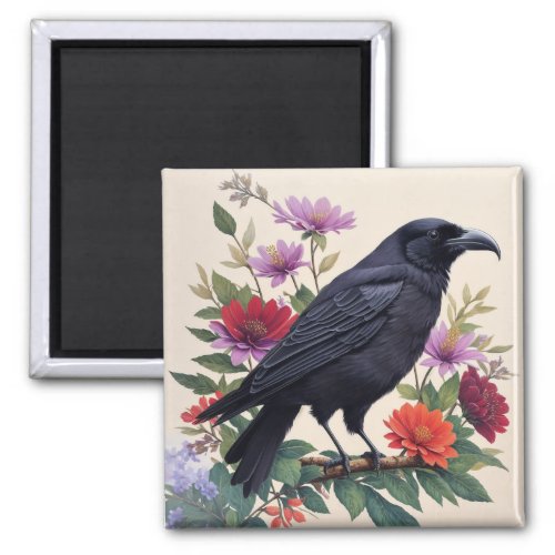 Raven Colorful Floral Art Magnet