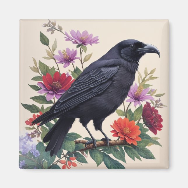 Raven Colorful Floral Art Magnet (Front)