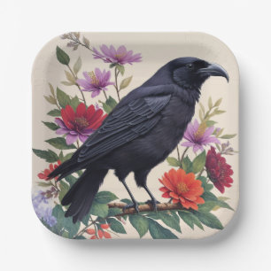 Raven Colorful Floral Art Paper Plates