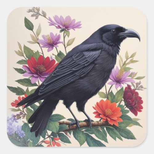 Raven Colorful Flowers Art Square Sticker