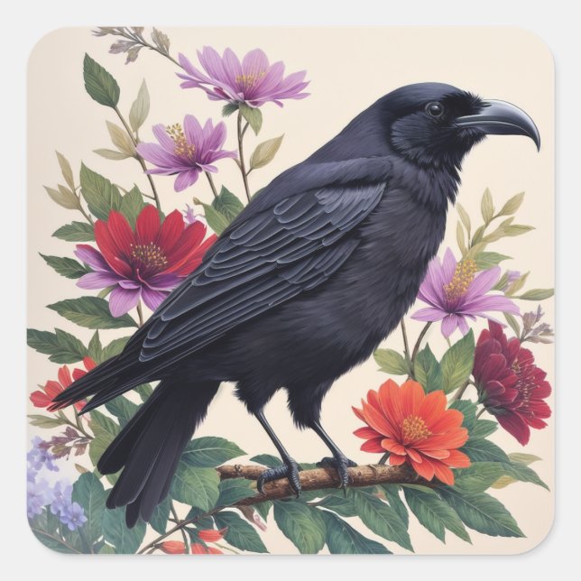 Raven Colorful Flowers Art Square Sticker (Front)