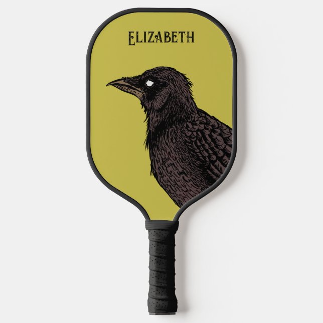 Raven Creepy Crow Bright Gothic Ink Art Name Pickleball Paddle (Front)