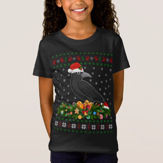 Raven Crow Bird Lover Xmas Santa Hat Ugly Crow Chr T-Shirt (Front)