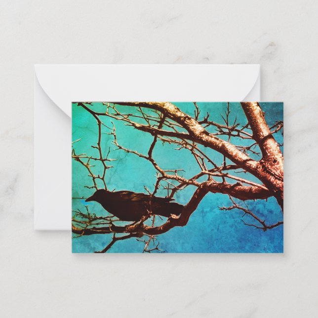 Raven Crow Black Bird Silver Tree Photo Note Card (Front)