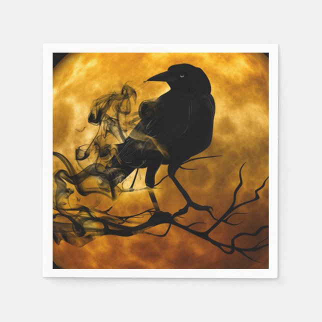 Raven crow harvest moon fall black orange napkins (Front)