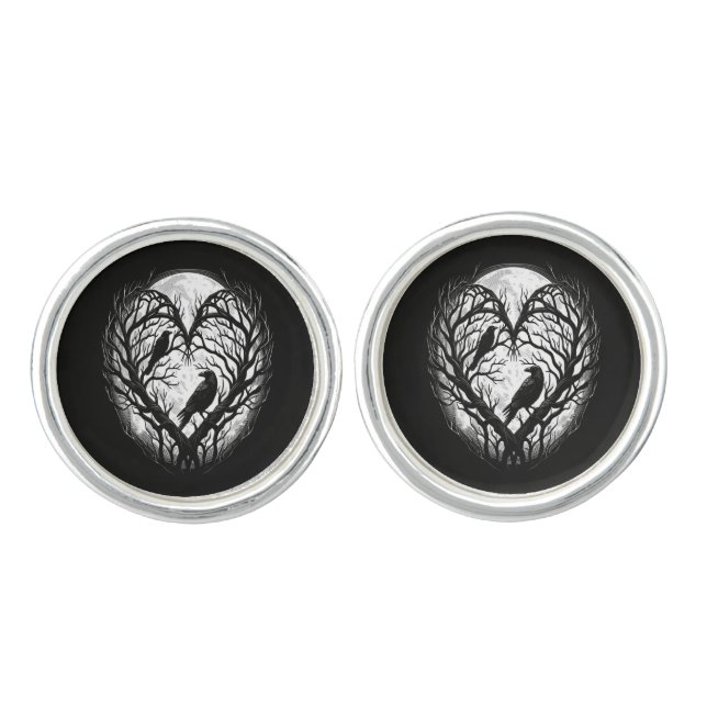 Raven Crow Heart Tree  Cufflinks (Front)