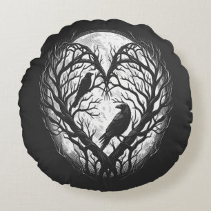 Raven Crow Heart Tree Round Pillow