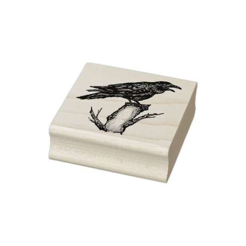 Raven Crow on Branch Pen  Ink Drawing Halloween Rubber Stamp