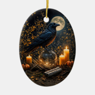Raven Crystal Candles Mystical Magical Samhain Ceramic Ornament