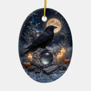 Raven Crystal with Candles Mystical Magical Ceramic Ornament
