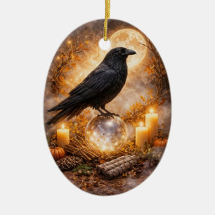 Raven Crystal with Candles Mystical Magical Ceramic Ornament