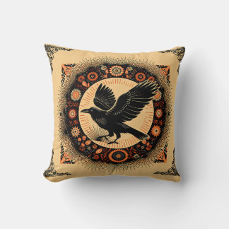 Raven Dark Academia Mandala Circle Boho Gothic Throw Pillow