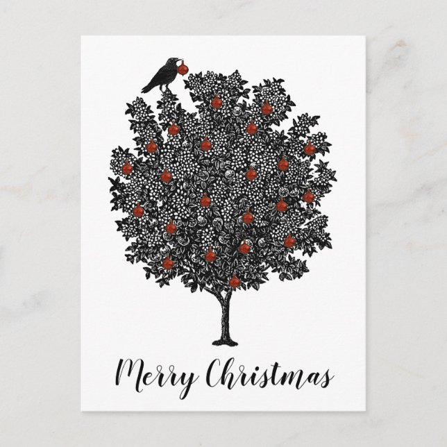 Raven Decorates Christmas Tree Merry Christmas Holiday Postcard (Front)