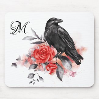 Raven Elegant Monogram Gothic Rose Watercolor Art 