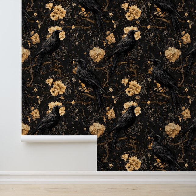 Raven Floral Crow Gothic Wallpaper (Application)