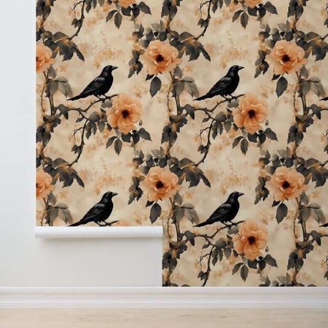 Raven Floral Crow Gothic Wallpaper (Application)