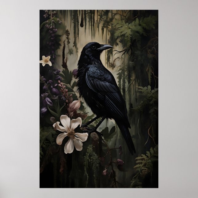 Raven Floral Forest Print, Dark Academia Gothic Poster (Front)