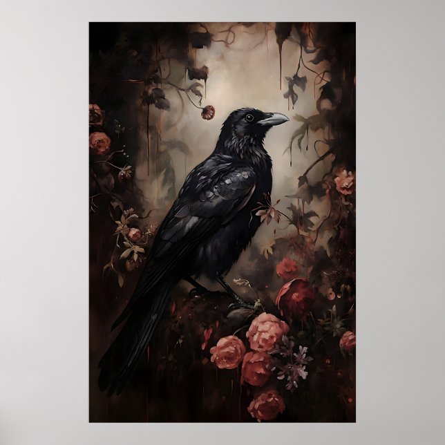 Raven Floral Forest Print, Dark Academia, Gothic Poster (Front)