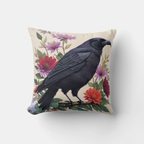 Raven Floral Multicolor Art Throw Pillow