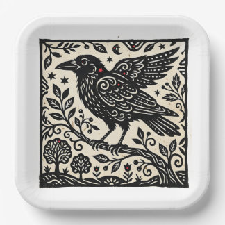 Raven folk art, paper plates