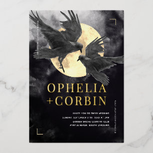 Raven & Golden Moon Black Gothic Wedding Foil Invitation
