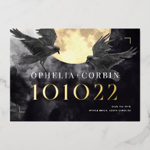 Raven & Golden Moon Gothic Wedding Save the Date Foil Invitation