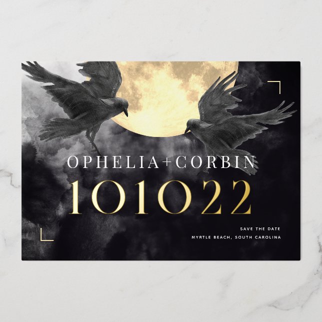 Raven & Golden Moon Gothic Wedding Save the Date Foil Invitation (Front)