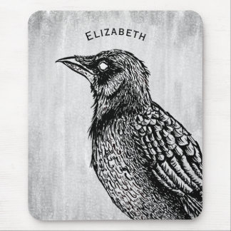 Raven Gothic Black White Creepy Bird Drawing Name Mouse Pad