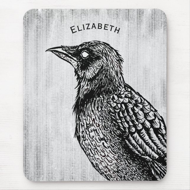 Raven Gothic Black White Creepy Bird Drawing Name Mouse Pad (Front)