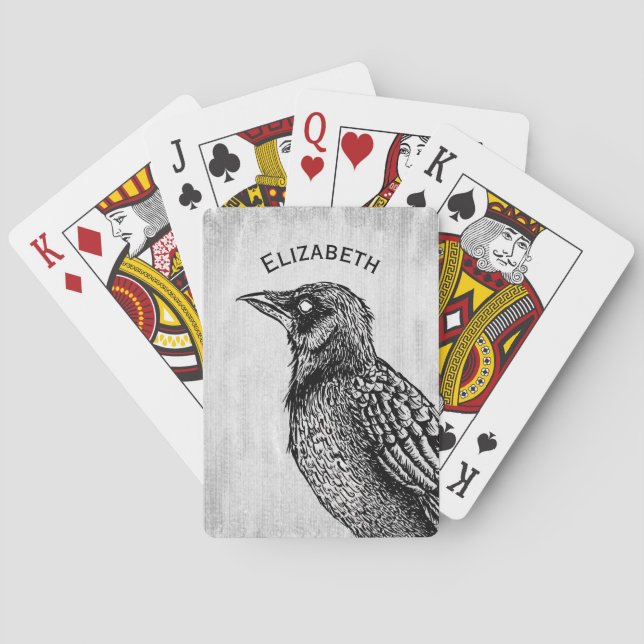 Raven Gothic Black White Horror Ink Drawing Name Poker Cards (Back)