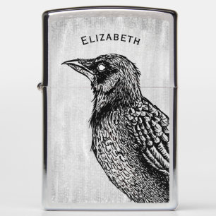 Raven Gothic Black White Horror Ink Drawing Name Zippo Lighter