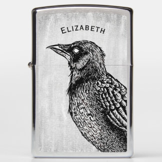 Raven Gothic Black White Horror Ink Drawing Name Zippo Lighter