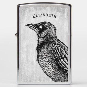 Raven Gothic Black White Horror Ink Drawing Name Zippo Lighter by borianag at Zazzle