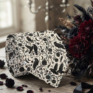 Raven Gothic Botanical Wedding Neck Tie