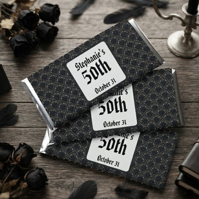 Raven gothic damask pattern hershey bar favors (Gothic raven candy bar wrapper for event hosts celebrating milestone birthdays)