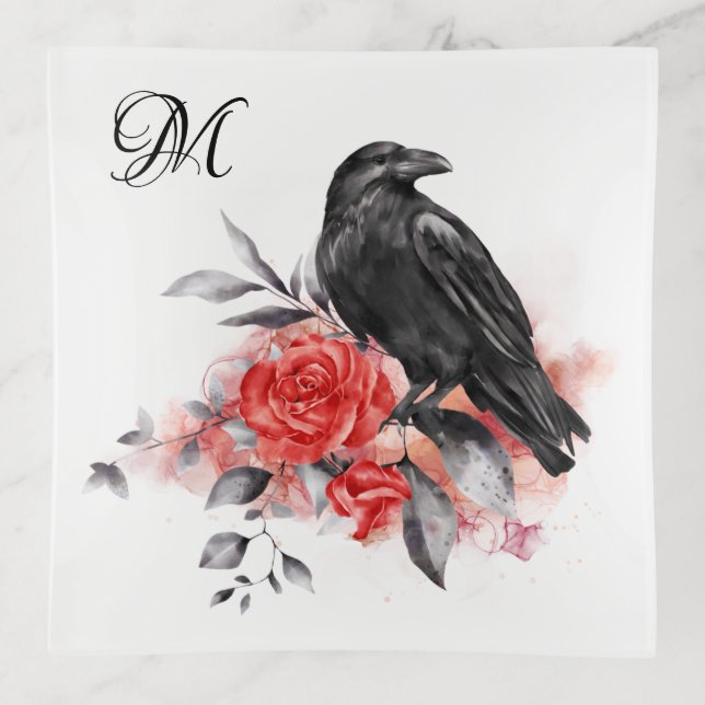 Raven Gothic Red Rose Fantasy Art Monogrammed  Trinket Tray (Front)