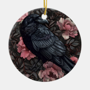 Raven gothic vintage flowers ceramic ornament