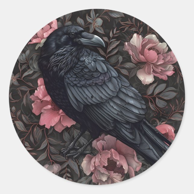 Raven gothic vintage flowers classic round sticker (Front)