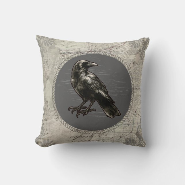 Raven Gray Vintage Dark Academia Goth Pillow (Front)