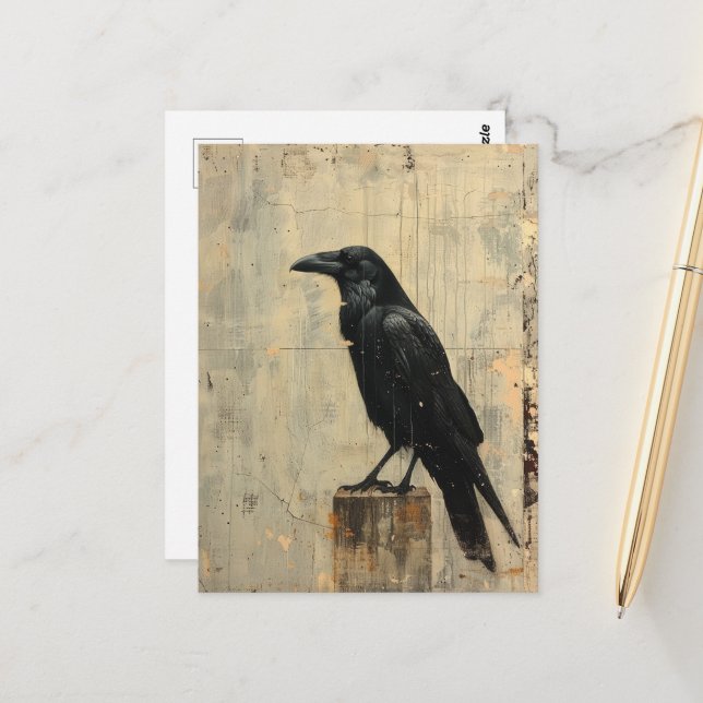 Raven Grunge Cracked Painting Postcard (Front/Back In Situ)