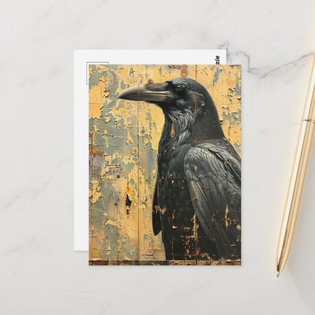 Raven Grunge Cracked Peeling Painting Postcard (Front/Back In Situ)