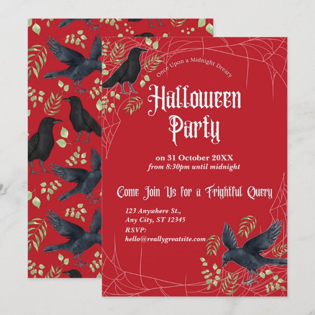 Raven Halloween Party Invitation in Red (Front/Back)