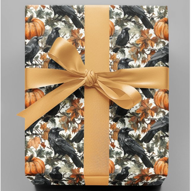 Raven Halloween Pumpkins Watercolor Autumn  Wrapping Paper (Creator Uploaded)