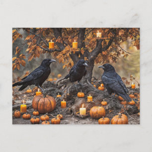 Raven Halloween with Pumpkins and Candles Holiday Postcard