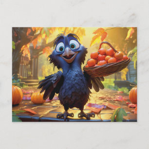 Raven Harvesting Apples And Pumpkins In Autumn Postcard