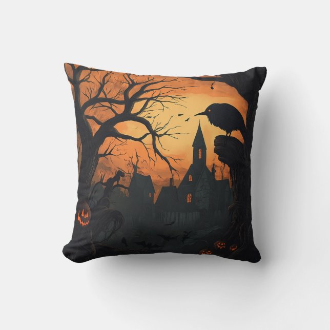 Raven Haunted Village Halloween Black Orange Throw Pillow (Front)