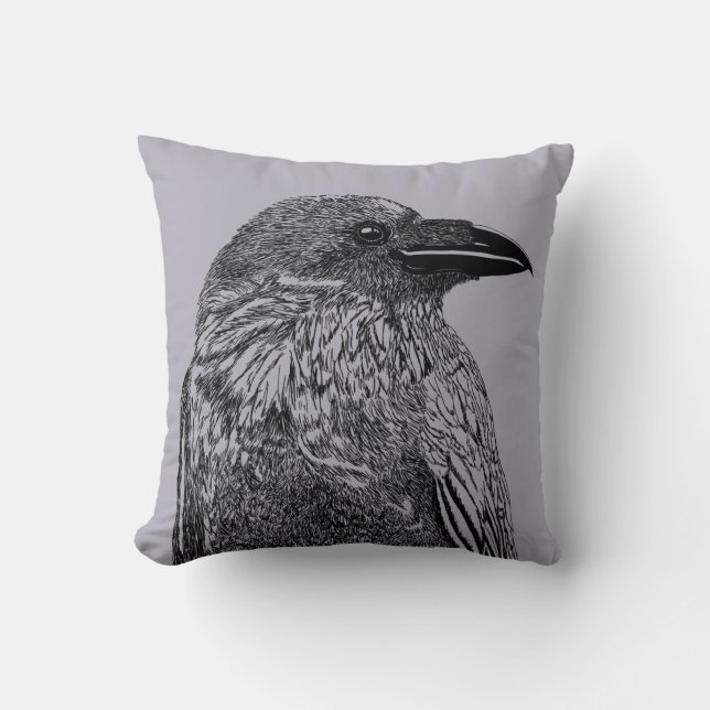 Raven Illustration Throw Pillow (Front)