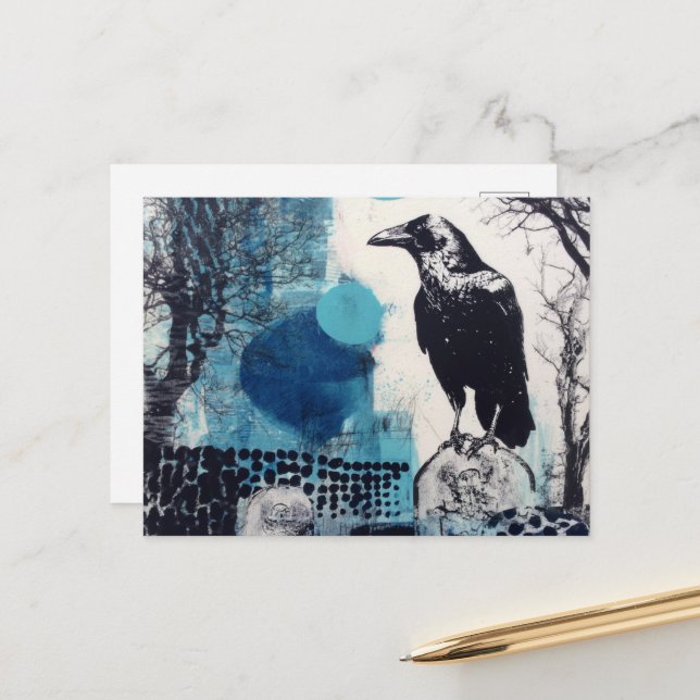 Raven in a cemetery Mixed Media Collage Postcard (Front/Back In Situ)