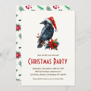 Raven in a Santa Hat Black Bird Christmas Party Invitation