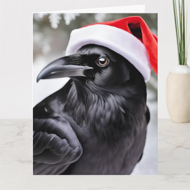 Raven in a Santa Hat Christmas Card (Front)